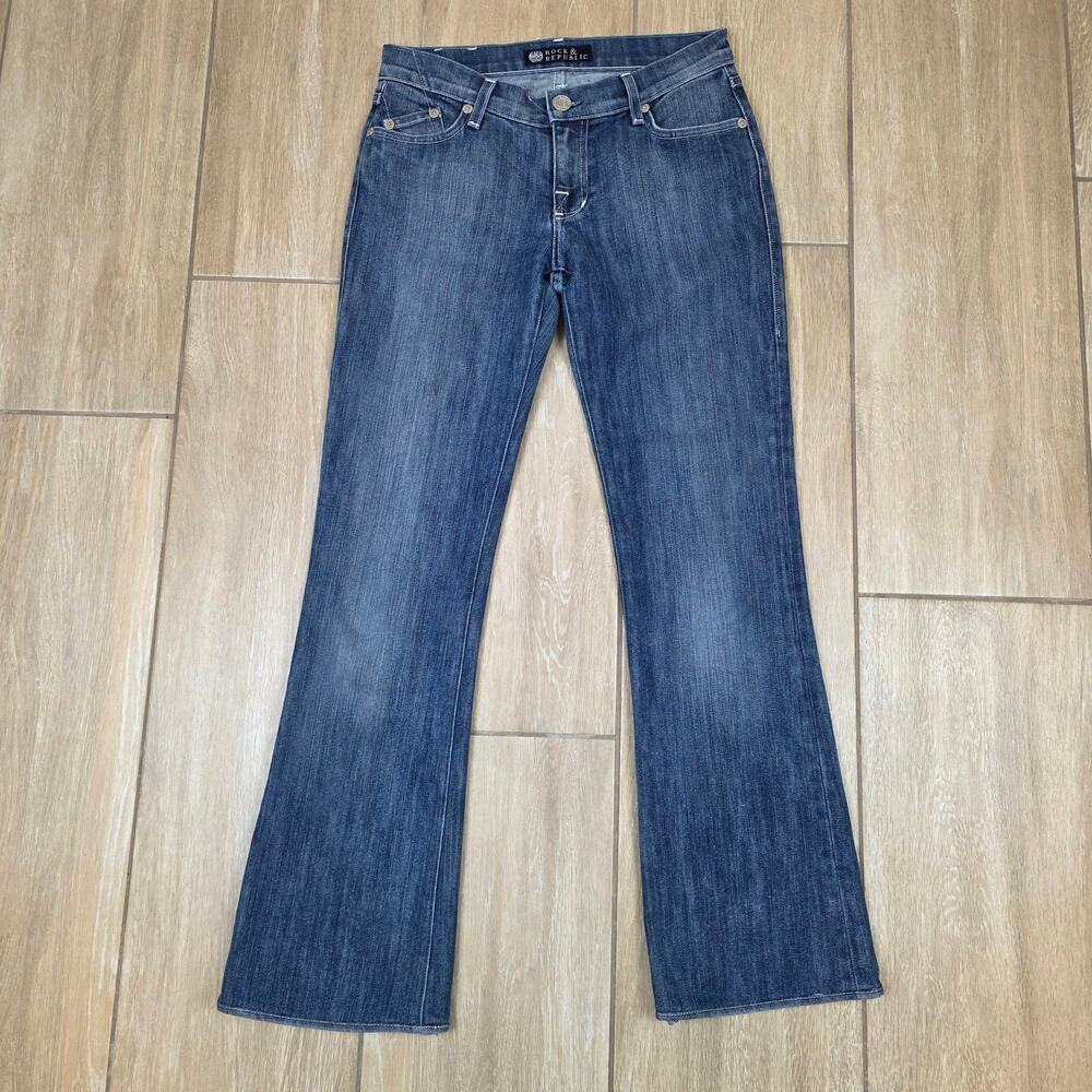 Rock & Republic Jeans Womens 27 Low Rise Flare Blue Stretch Denim Y2K